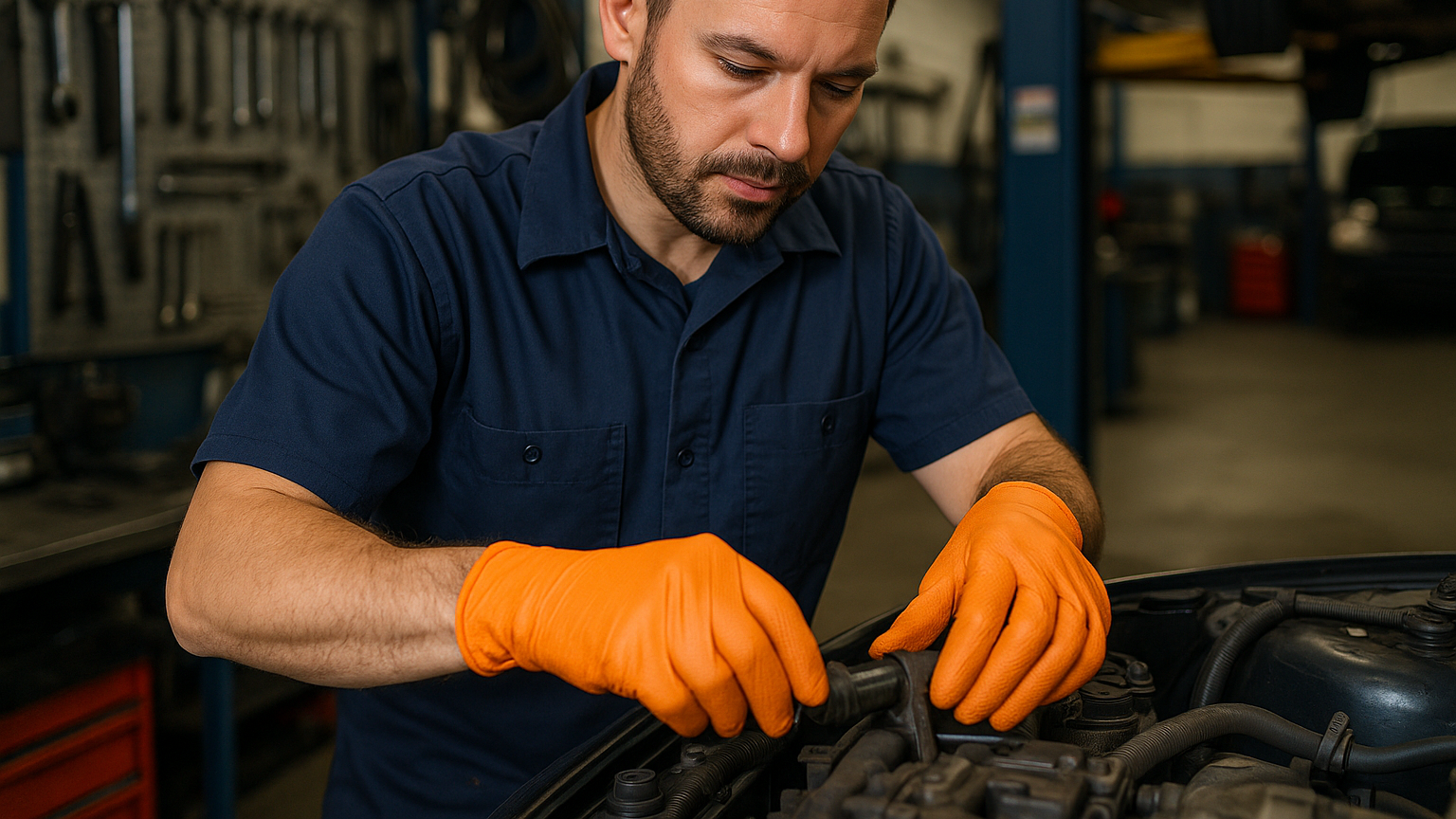 mechanic wearing orange nitrile gloves