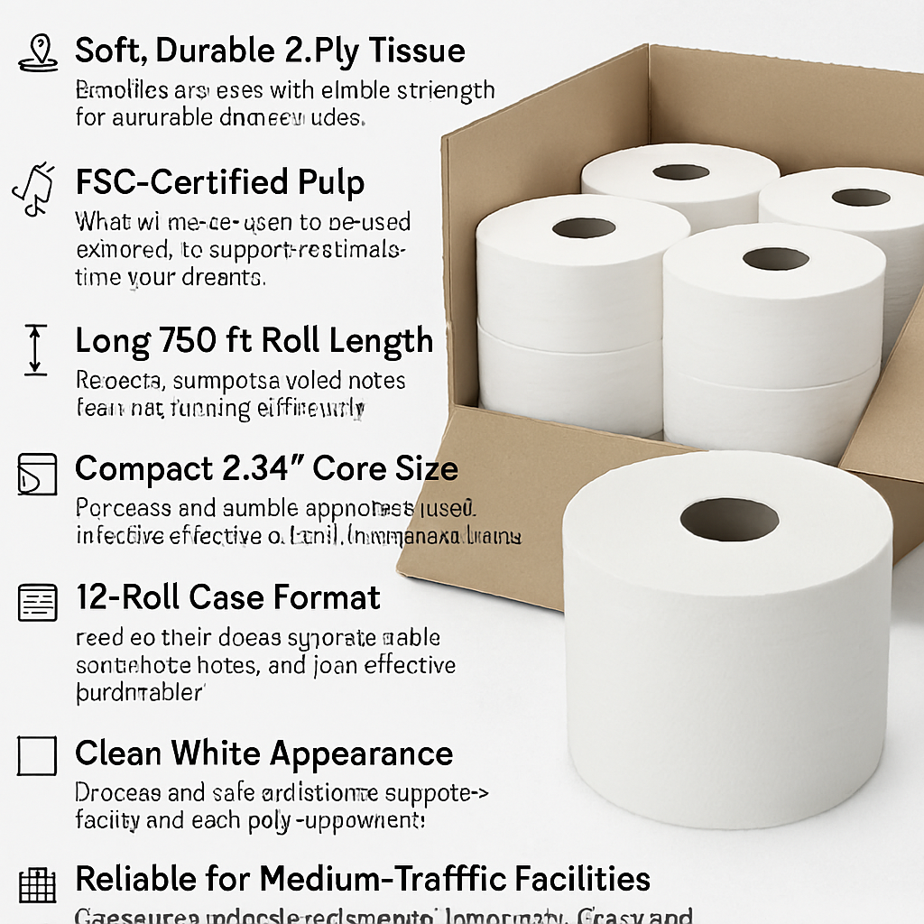 Mini Jumbo Tissue 2.34 Core (FSC) – 2 ply, 12 rolls per case, 750 pull