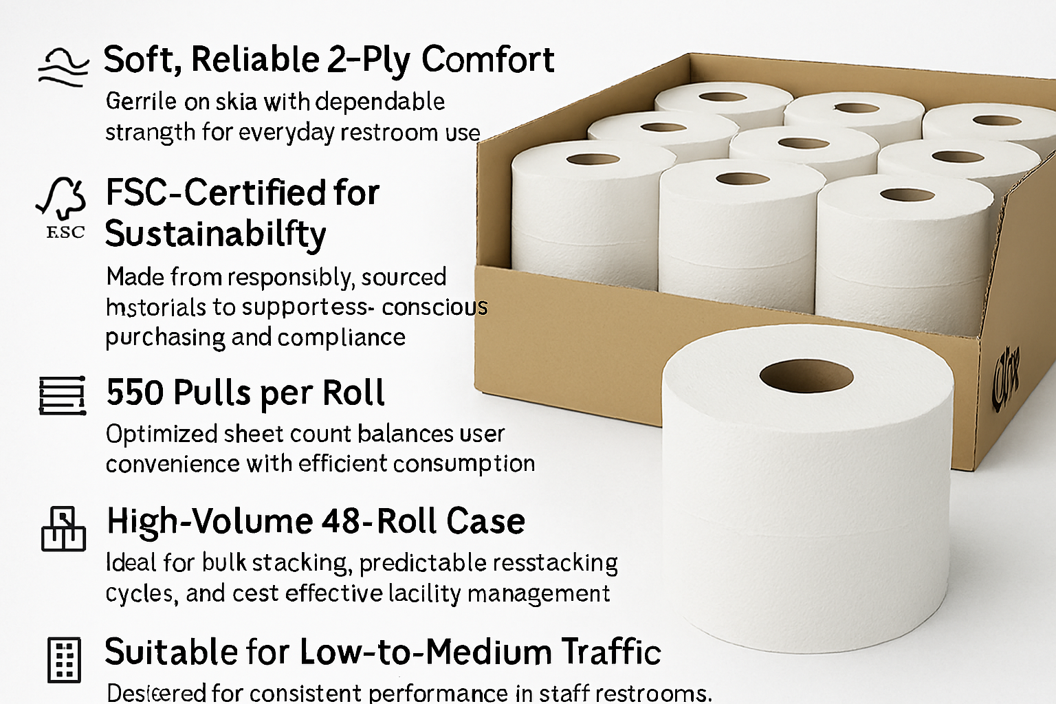 Regular Toilet Paper (FSC) – 2 ply, 48 rolls per case, 550 pulls per roll